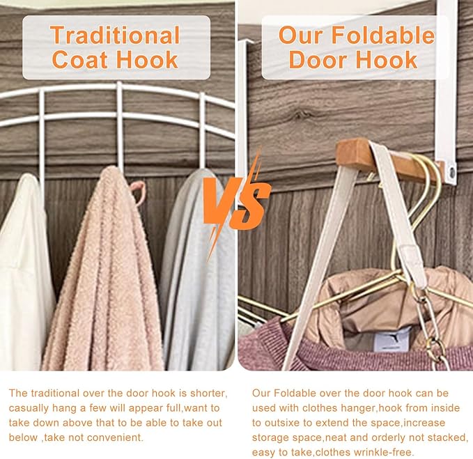 2 Pack Over The Door Hook Hanger Foldable Metal & Wood Door Hook Over The Door Hanging Rack Organizer for Clothes Coats Towels