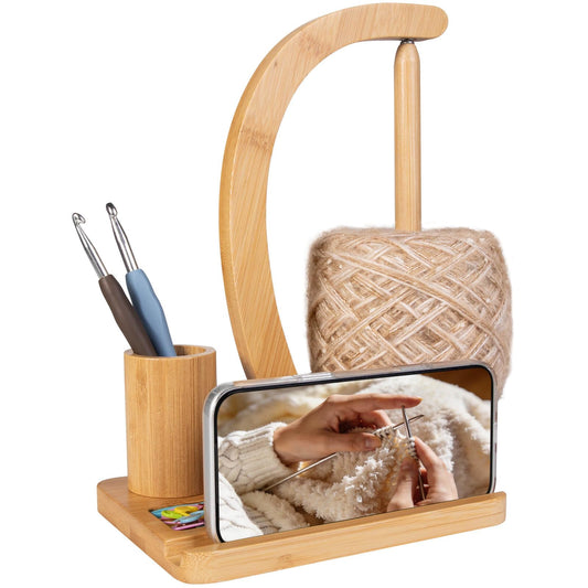 SPEENSUN Yarn Holder for Crochet, Bamboo Yarn Spinner with Magnetic Rotating Anti-Tangle Design, 1.1lbs Capacity, 3-in-1 Storage for Hooks/Markers, Phone Stand, Best Crochet Accessories Gifts
