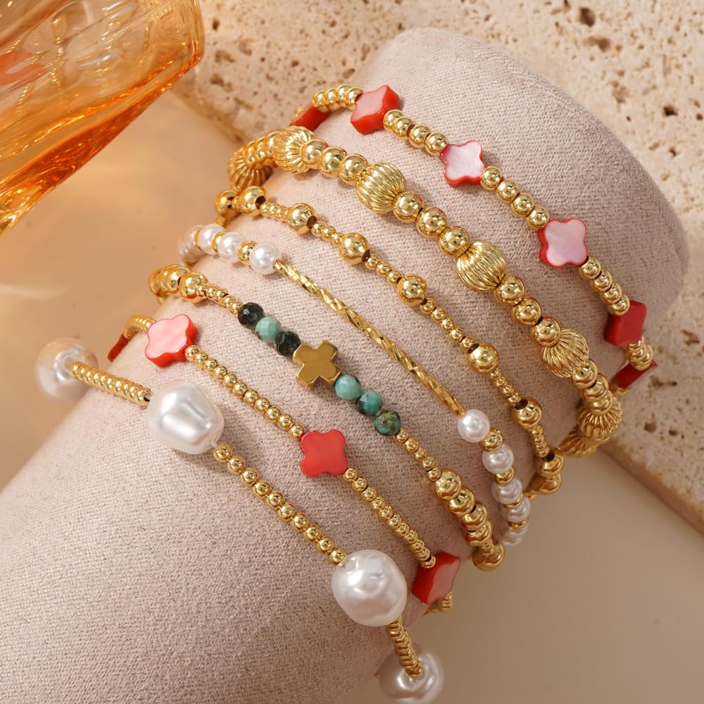 SHINUS BOHO 14K Gold Beaded Red Clover Stackable Bracelets for Women,7PCS/Set Boho Cross Pearl Beads Stretch Bracelets Stack Fashion Holiday Birthday Prom Jewelry Accessories Gift Friendship Sister