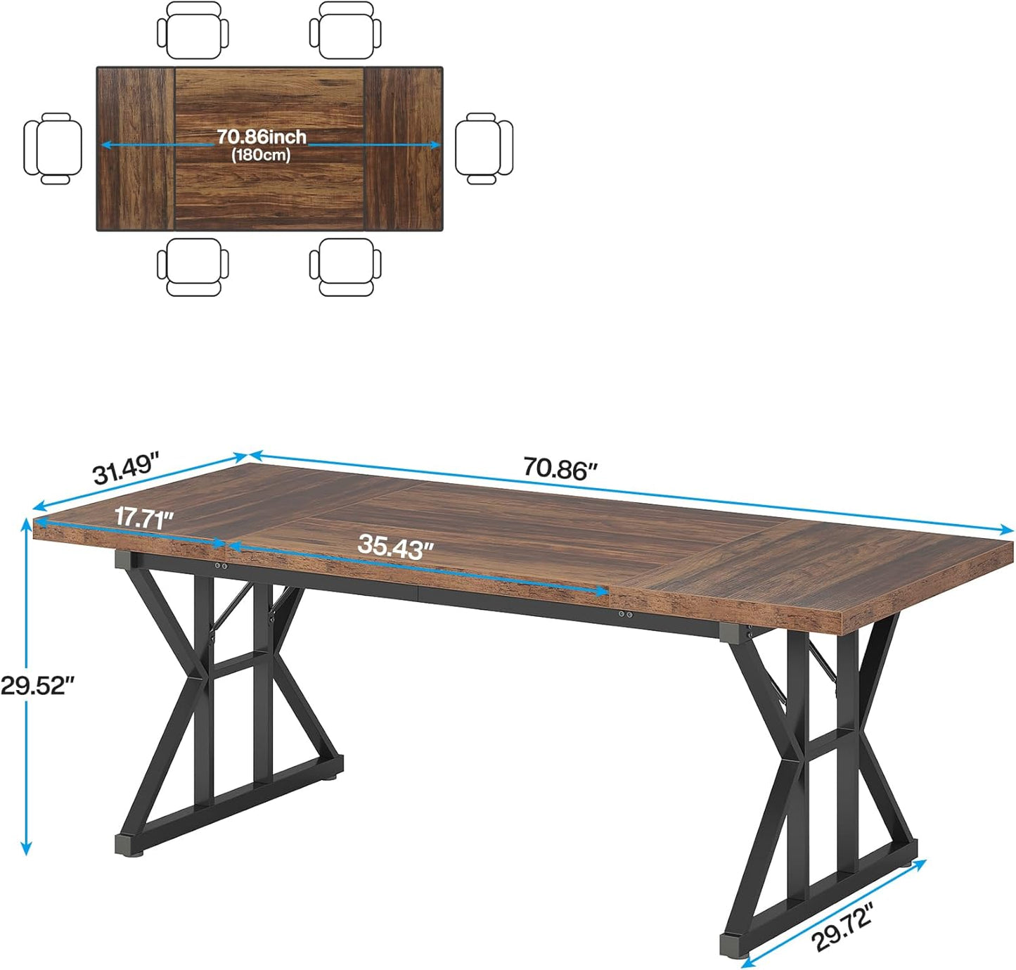 Tribesigns Farmhouse Dining Table for 6 People, 70.8-Inch Rectangular Wood Dining Table, Rustic Kitchen Table with Heavy Duty Metal Legs for Dining Room