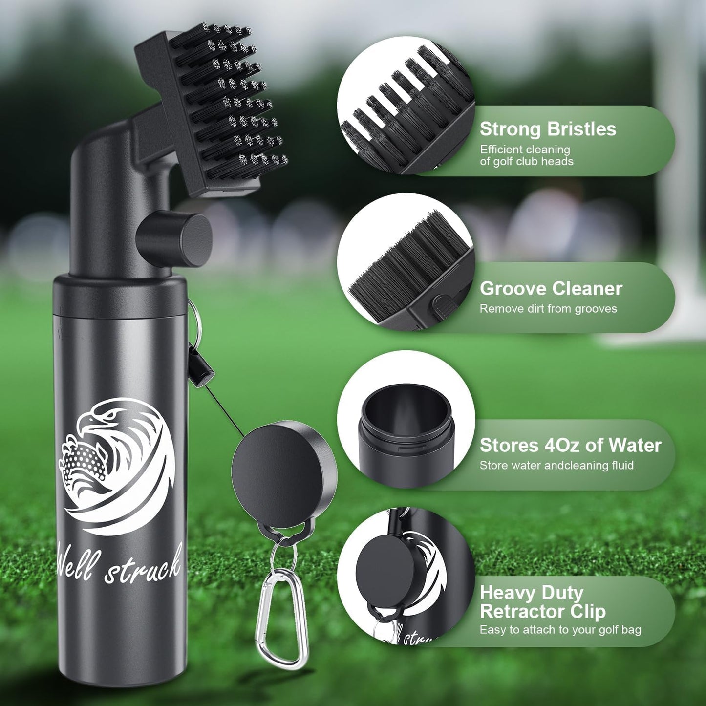 4oz Golf Club Cleaner - Pro Golf Club Brush and Golf Cleaning Bag with Clean Face Liner & Dry Exterior, Ergonomic Trigger, Groove Cleaner & Retainer Clip, Essentials Golf Accessories