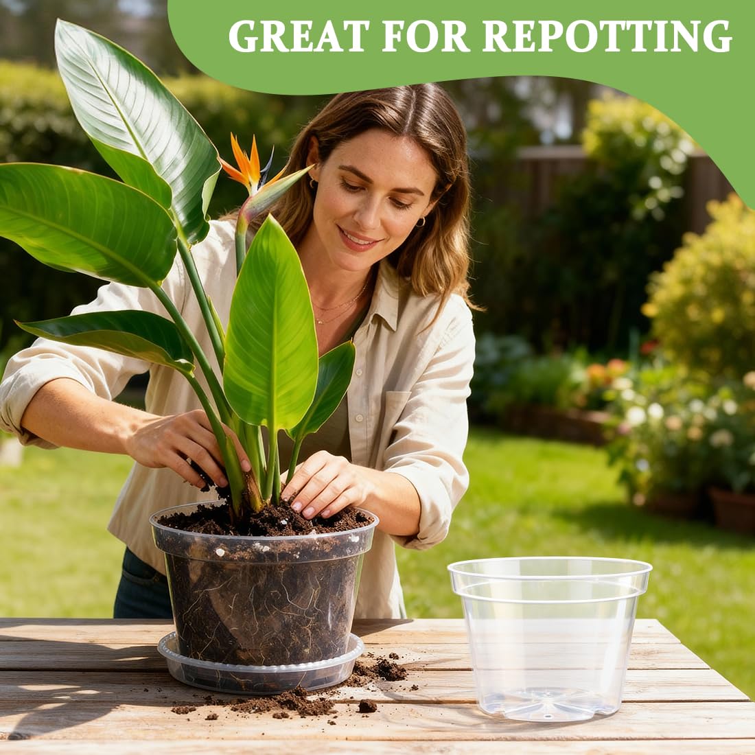 10 Pack 10 Inch Clear Nursery Pots with Saucers, Transparent Sturdy Plastic Plant Pots, Large Gardening Pots with Drainage Hole, Planting Starter Pot for Indoor Outdoor Flowers Herbs Vegetables