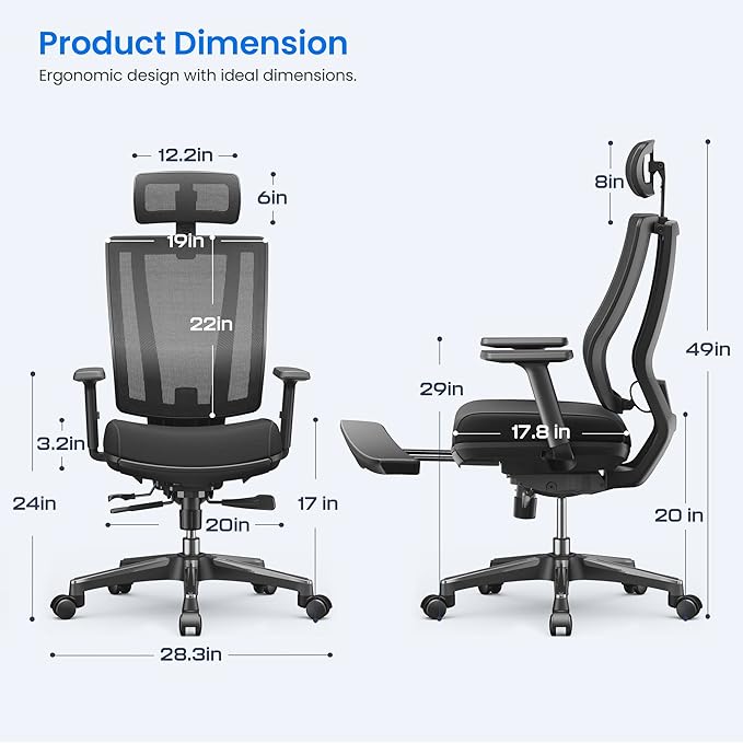 OdinLake L2 Ergo PRO 633 Ergonomic Office Chair with Footrest - Adjustable Seat Depth, 3D Armrests & Lumbar Support, Mesh High Back with Memory Foam Cushion, Gaming Chair with Headrest for Long Hours