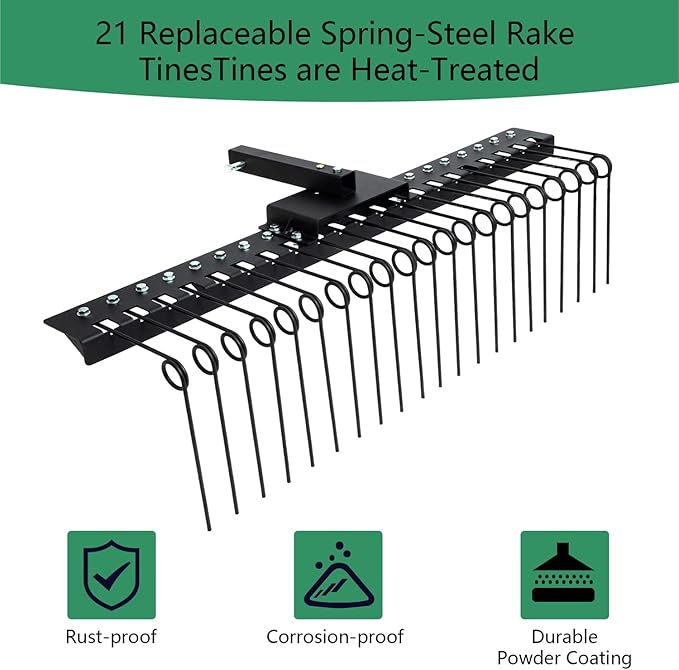 5FT Durable Pine Straw Rake Steel Spring Landscape Rake Fits 2" Receiver for Lawn Tractors or ATV/UTV，Black