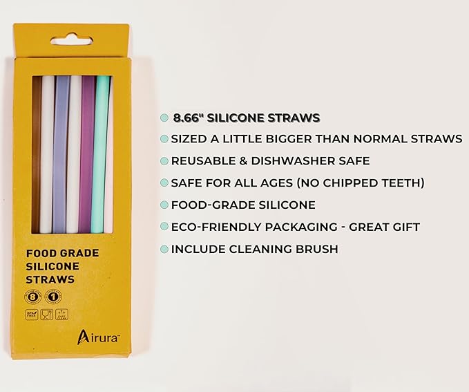 8.6-inch (220mm) Reusable Silicone Straws – Set of 8 Soft Pastel Straws + Cleaning Brush + Kraft box – BPA-Free, Dishwasher Safe – Great for Smoothies & Iced Coffee (Fits Tumblers up to 26oz)