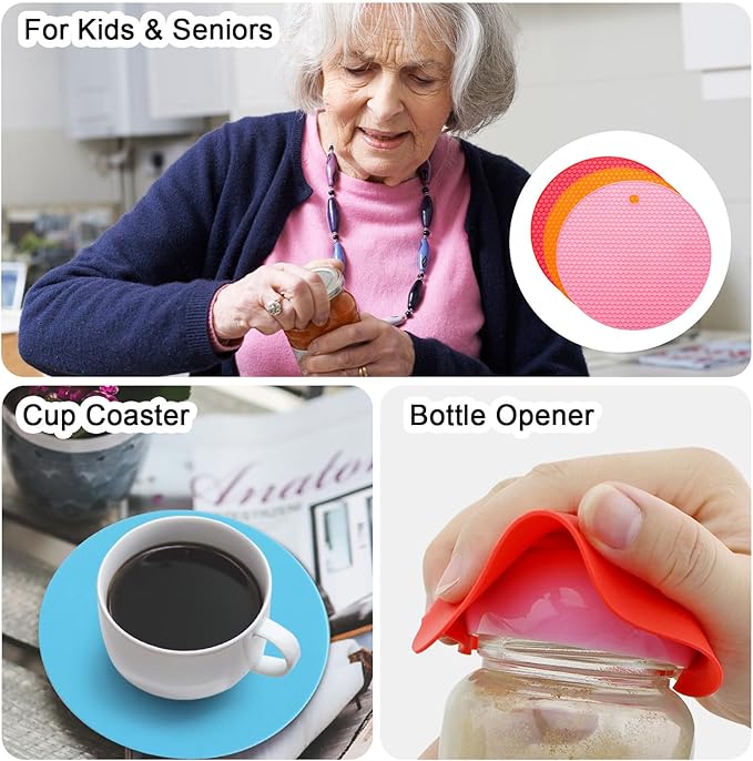 uxcell 3pcs Silicone Jar Opener Pads, 17.5cm/7" Texture Can Opener Multipurpose Round Bottle Lid Opener Non-Slip Coasters for Weak Hands Seniors Children, Pink, Orange, Red