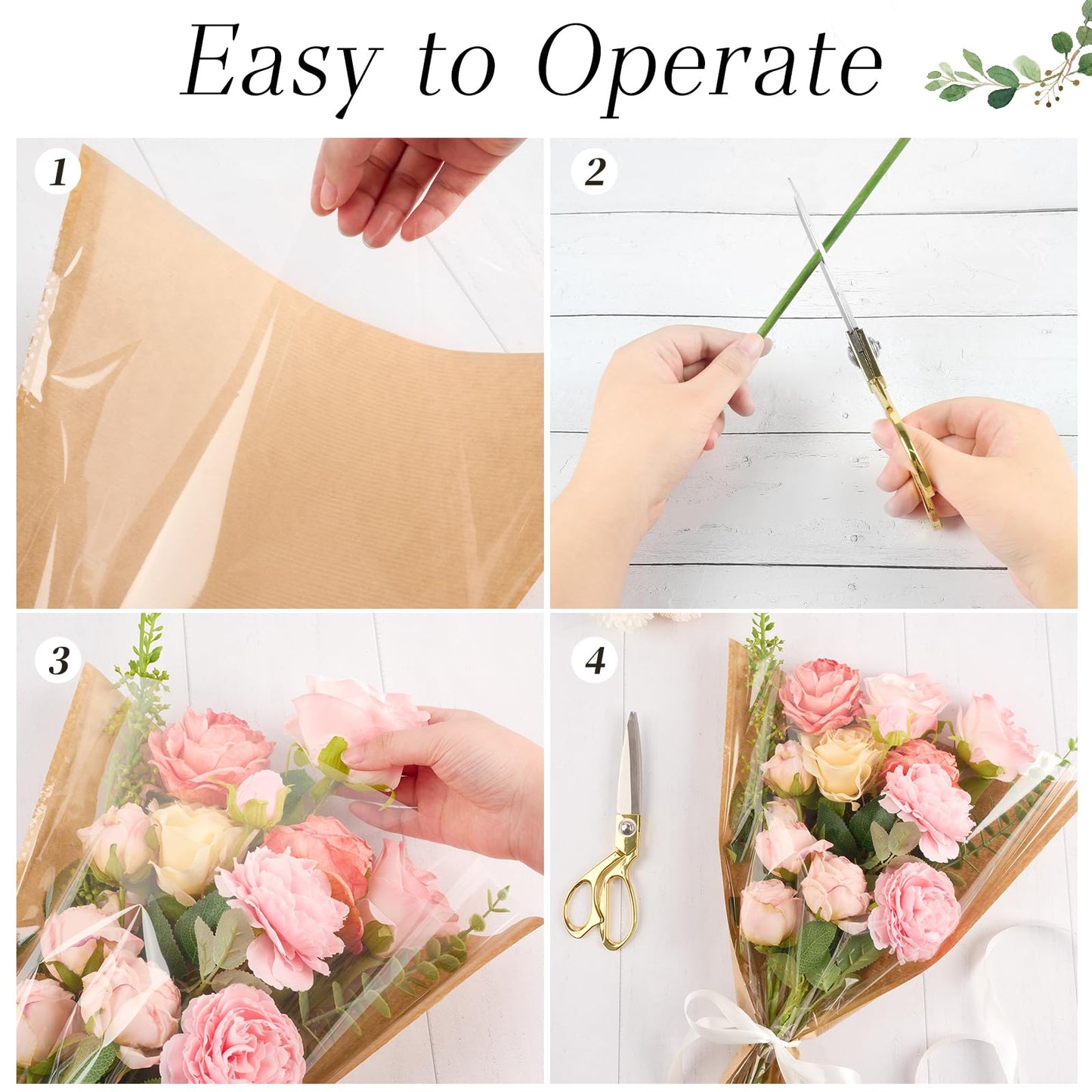 CLUEWR 50 PCS Flower Bags for Bouquets, Floral Wrapping Sleeves with Ribbons Florist Wrap Supplies, 15.7 x 13.7 Inches