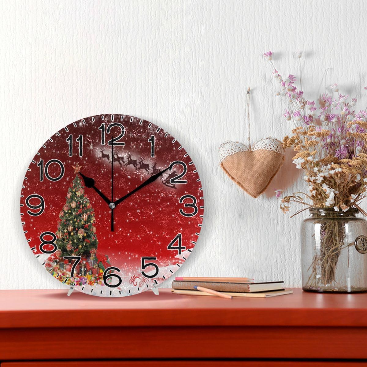 Santa Claus Christmas Tree Wall Clock Battery Operated Non Ticking Silent Quartz Analog Rustic Farmhouse Round Clock Retro Decor for Home Kitchen Living Room Bathroom