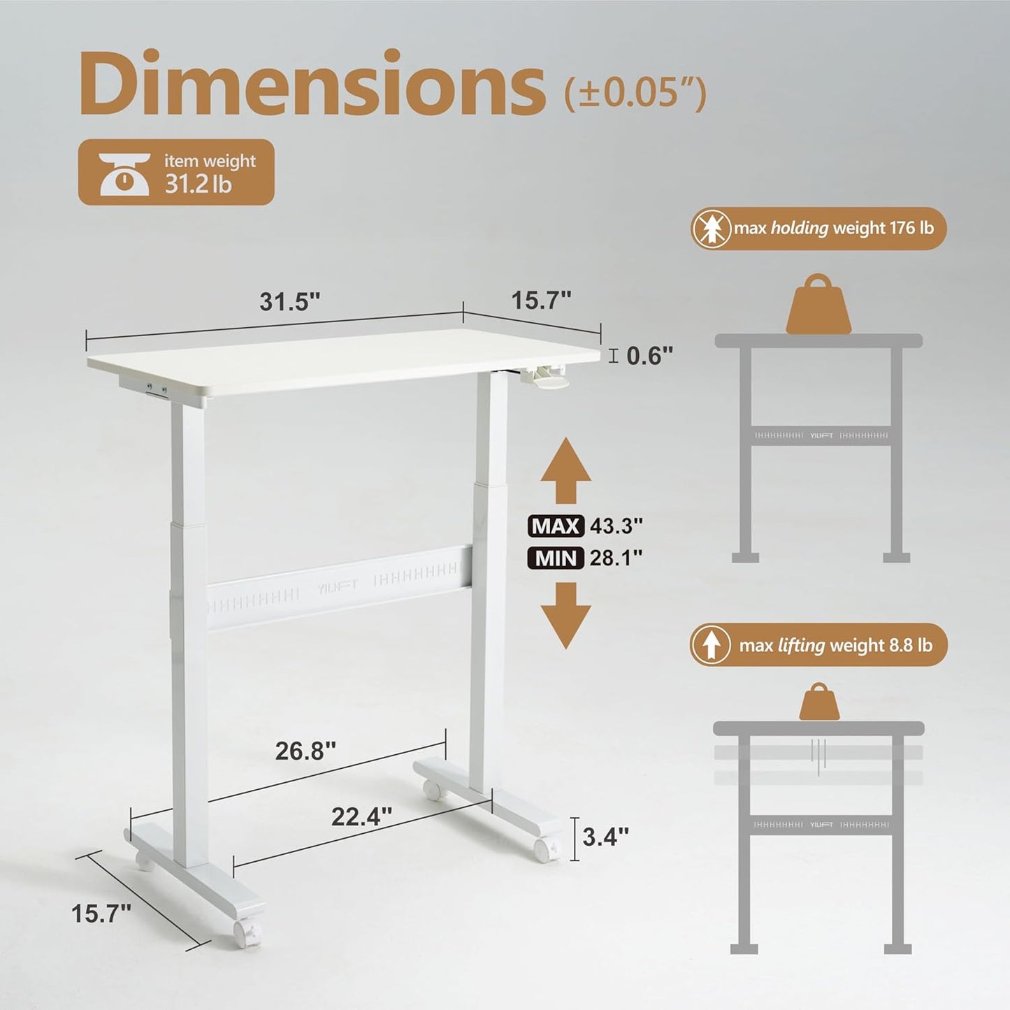Non-Electric Auto-Lifting Standing Desk, No Knobs or Crank, Cordless, Rolling and Mobile, Great for Walking Pad, Adjustable Height 28.1'' to 43.3'', Desktop Size 31.5'' by 15.7'', Color White