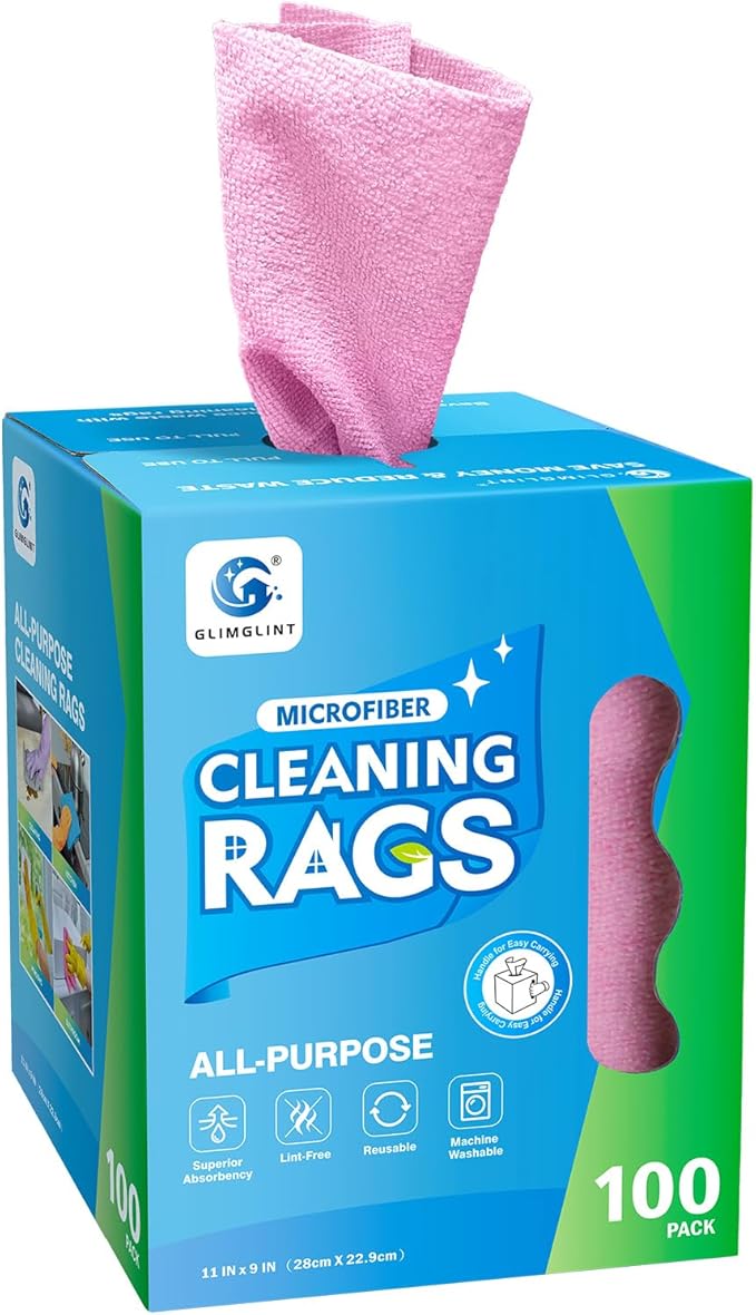 GLIMGLINT Microfiber Cleaning Cloth, 100 Pack Shop Towels, Lint-Free, Ultra Absorbent Reusable or Disposable Microfiber Cloths for Kitchen, Car, Cleaning Rags, 11" x 9", Red