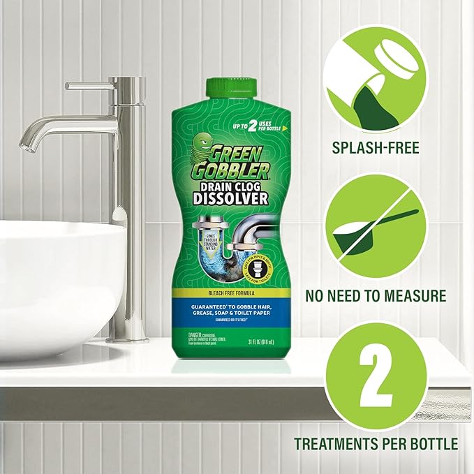 Green Gobbler Drain Clog Dissolver | Powerful Liquid Drain Opener & Toilet Clog Remover | Safe for Pipes & Septic | 2 Pack