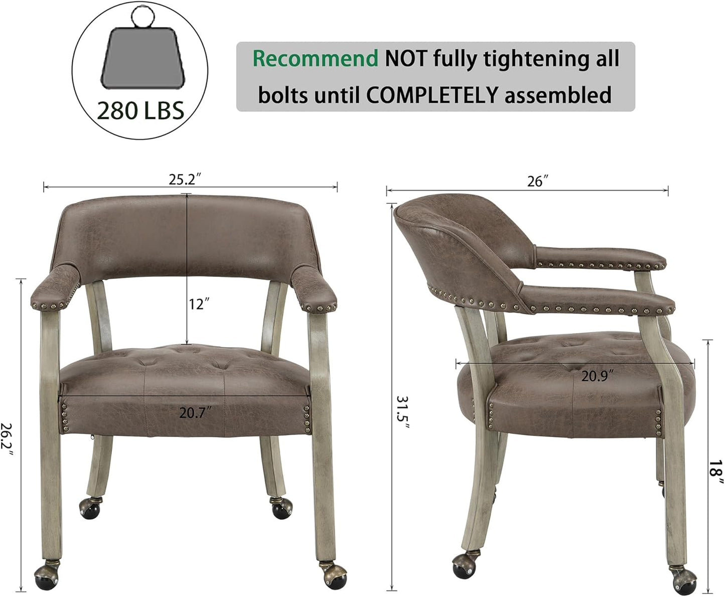 LEEMTORIG Large Dining Chairs with Casters and Arms, Rolling Dining Chairs with Wheels, Solid Wood Boss Caption's Chairs Office Chairs, 26"D x 25.2"W x 31.5"H, Soft Grey Legs & Dark Brown SY-1318-DK