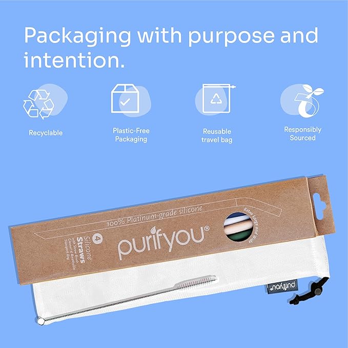 purifyou Extra Long 14.5" Reusable Silicone Straws with Flexible Tips, Cleaning Brush, & Portable Case - Fits with 40oz Stanley Cups, Tumblers & More (Set of 4)