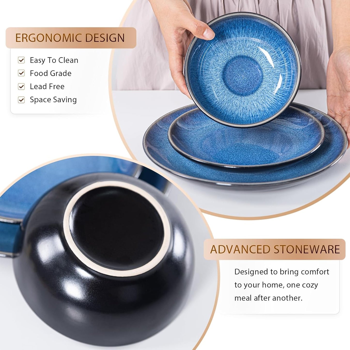 Plates and Bowls Sets for 4 - CJDC-QUELO 16-Piece Stoneware Dinnerware Sets, Ceramic Dishware Set for Kitchen Use and Formal Dining, Chip and Scratch Resistant Microwave Dishwasher Safe, Blue