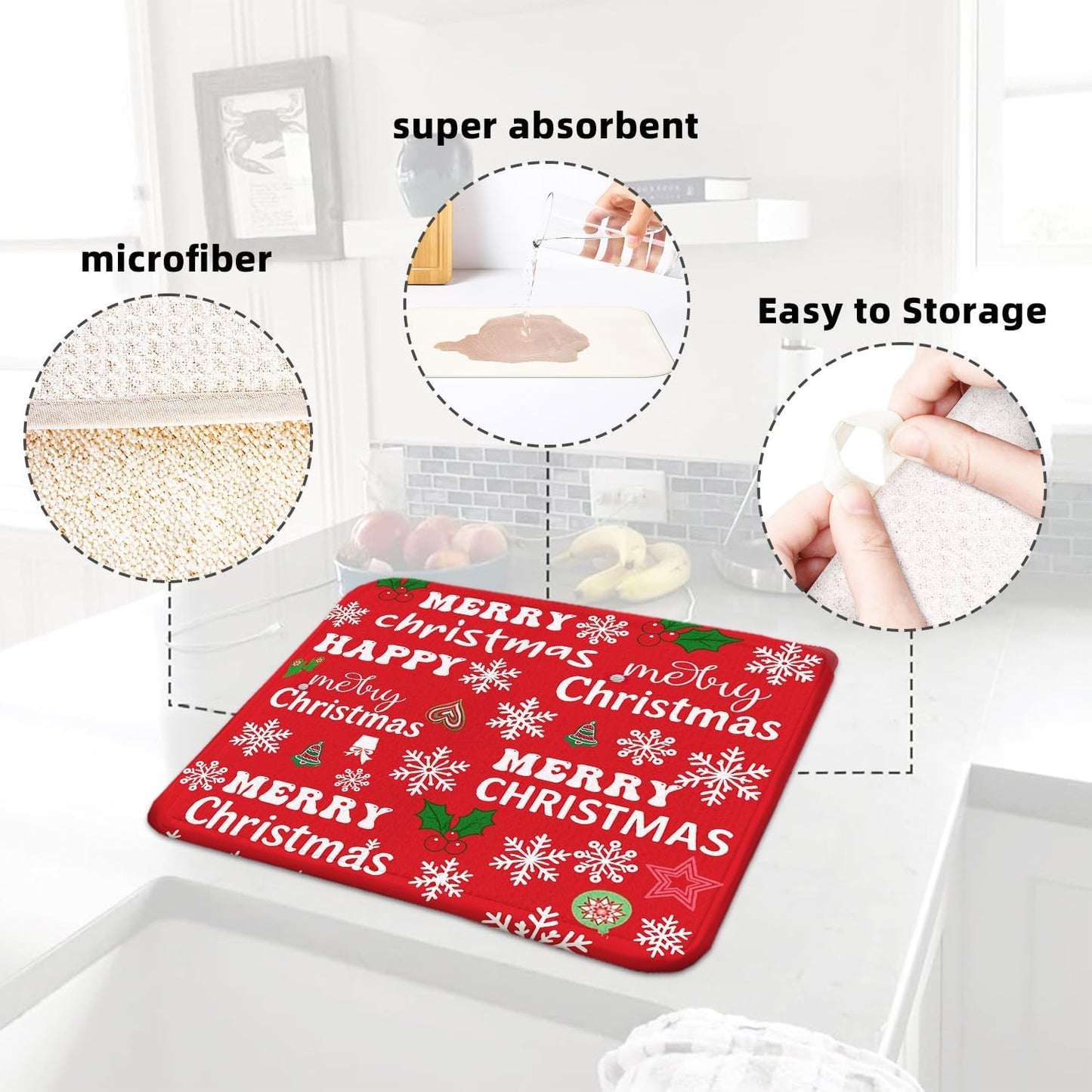 Red Christmas Drying Mat for Kitchen Counter 16" X 18" Christmas Dish Drying Mat for Kitchen Decor Red Xmas Drying Mats For Home Counter Drying Mats For Dishes Dish Mat Drying Mat