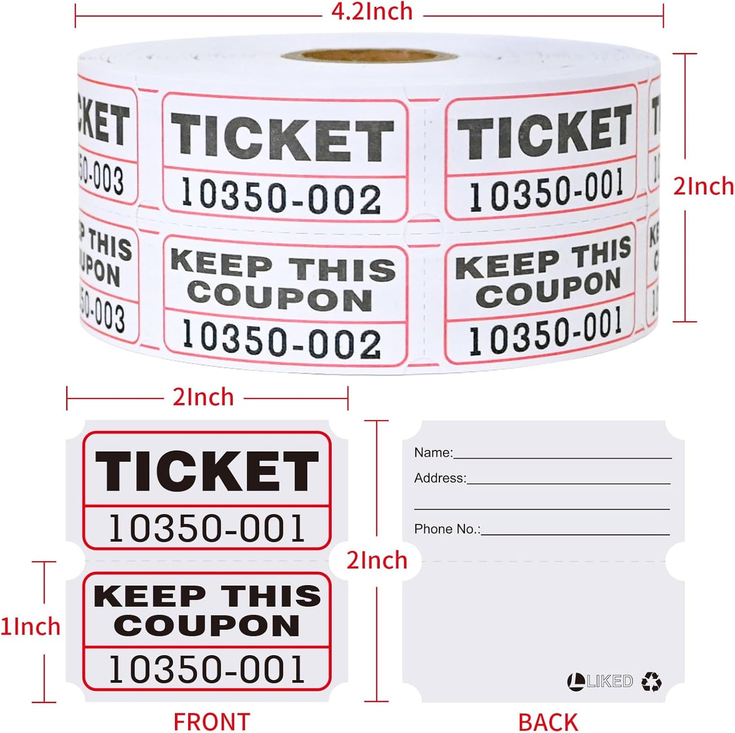 L LIKED 2000 Raffle Tickets 50/50 Raffle Ticket 2 Rolls of 1000 Double Tickets for Events, Entry -White