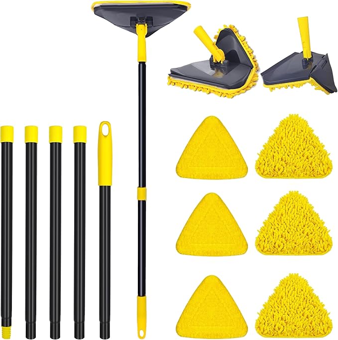 Newly Upgraded Wall Mop with 82 Inches Long Handle, 180° Folding Baseboard Cleaner Tool Duster Buddy with Window Squeegee, 6 Replacement Pads for Cleaning Painted Wall, Ceiling, Wash Floor