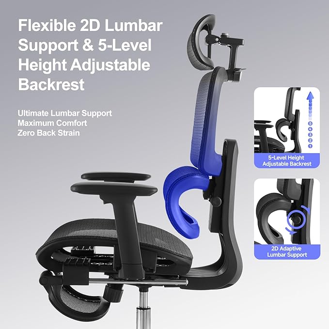 Office Chair with Footrest, Ergonomic Chair with Neck Pillow & Rubber Wheels, Computer Chair with Adjustable Backrest & 3D Armrests Headrest, Gaming Chair Adaptive Lumbar Support, Black