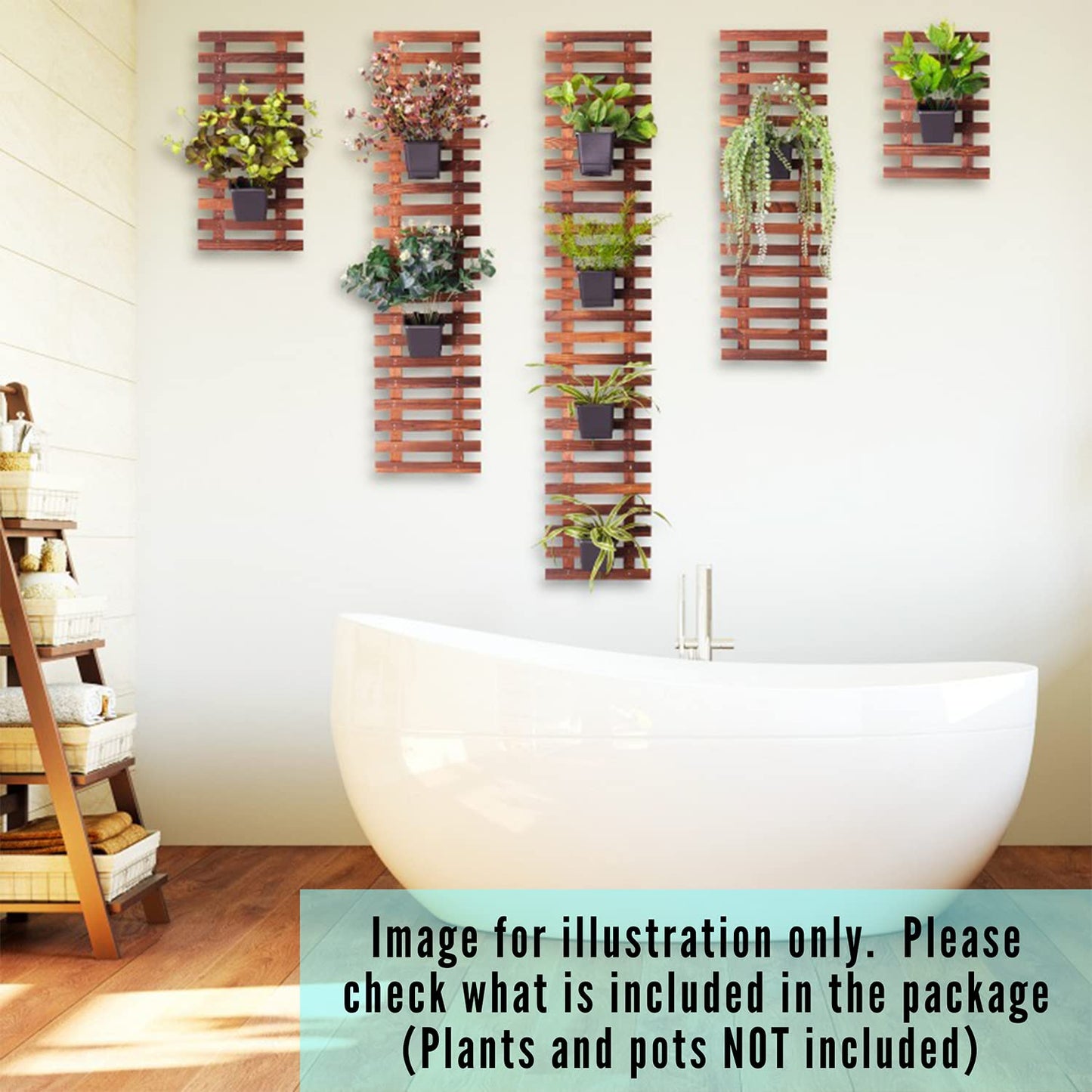 LalaGreen Bundle- 10 Pack, 4 Inch Black Self Watering Plant Pot + 2 Pack, 35.4 Inch Wooden Plant Holder Modern Indoor Hanging Wall Mount Vertical Hydroponic Garden Display Large Home Air Plant Decor