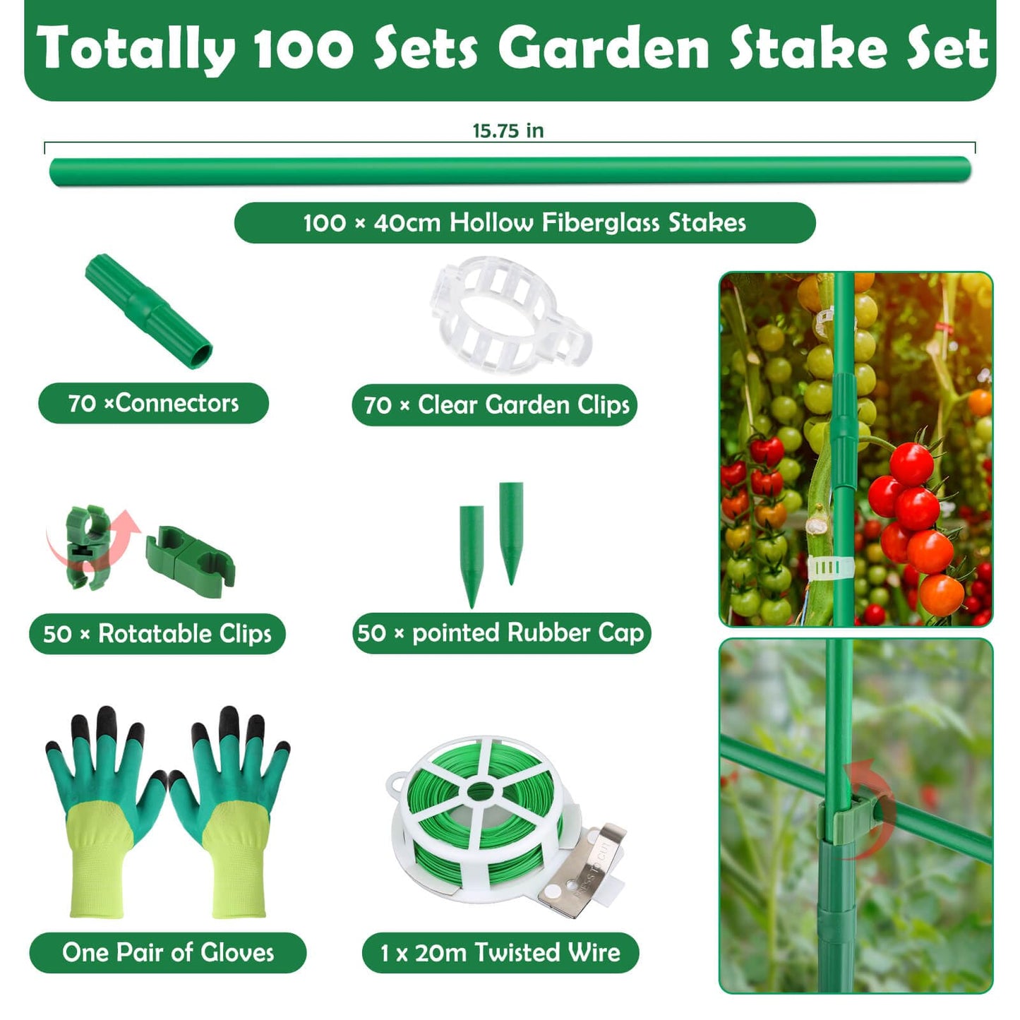 Cludoo 342PCS Garden Stakes Set with 100 Sets Fiberglass Plant Stakes Sticks Supports and Accessories, DIY 4ft 5ft 6ft 7ft Tomato Stakes for Tomato,Vegetables, Pepper, Indoor Outdoor Spring Plants