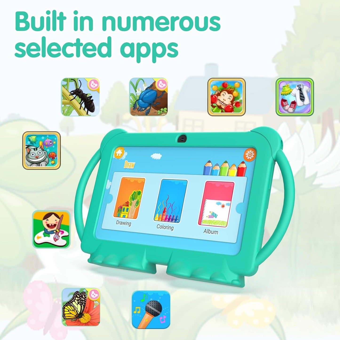 Kids Tablet 7 inch Android 12.0 for Toddler, 4GB RAM 32GB ROM Bluetooth IPS Screen Parental Control Dual Camera Shockproof Case for Educational Games, (Green)