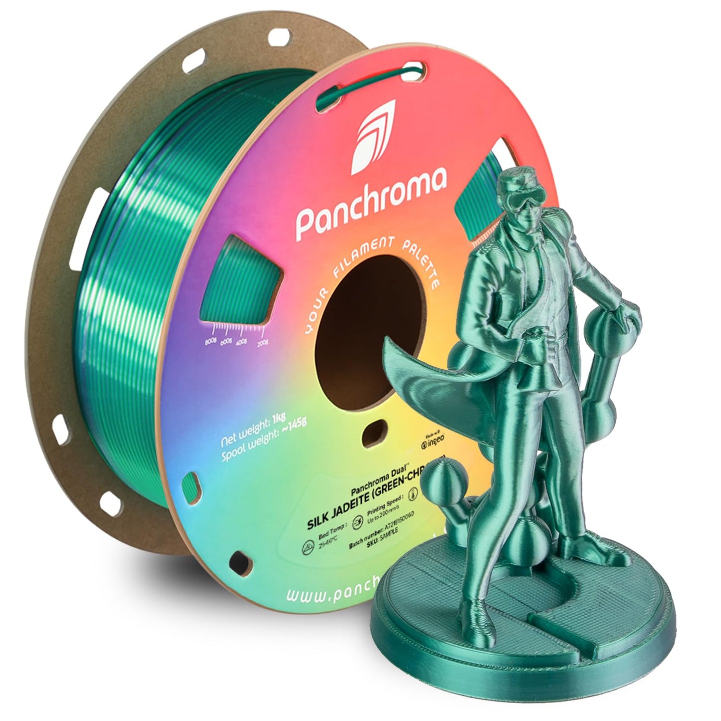 Polymaker Panchroma Dual Silk PLA 3D Printing Filament, 1.75mm 1kg, Silk Jadeite (Green-Chrome), New and Improved Formula, Bette