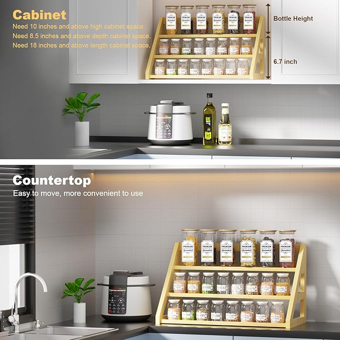 3-Tier Spice Rack Organizer for Cabinet,Bamboo Tiered Spice Rack for 24 Spice Jars(4 oz),Spice Shelf for for Kitchen Countertop,Seasoning Rack,17.5" L x 8.3" W x 9.4" H