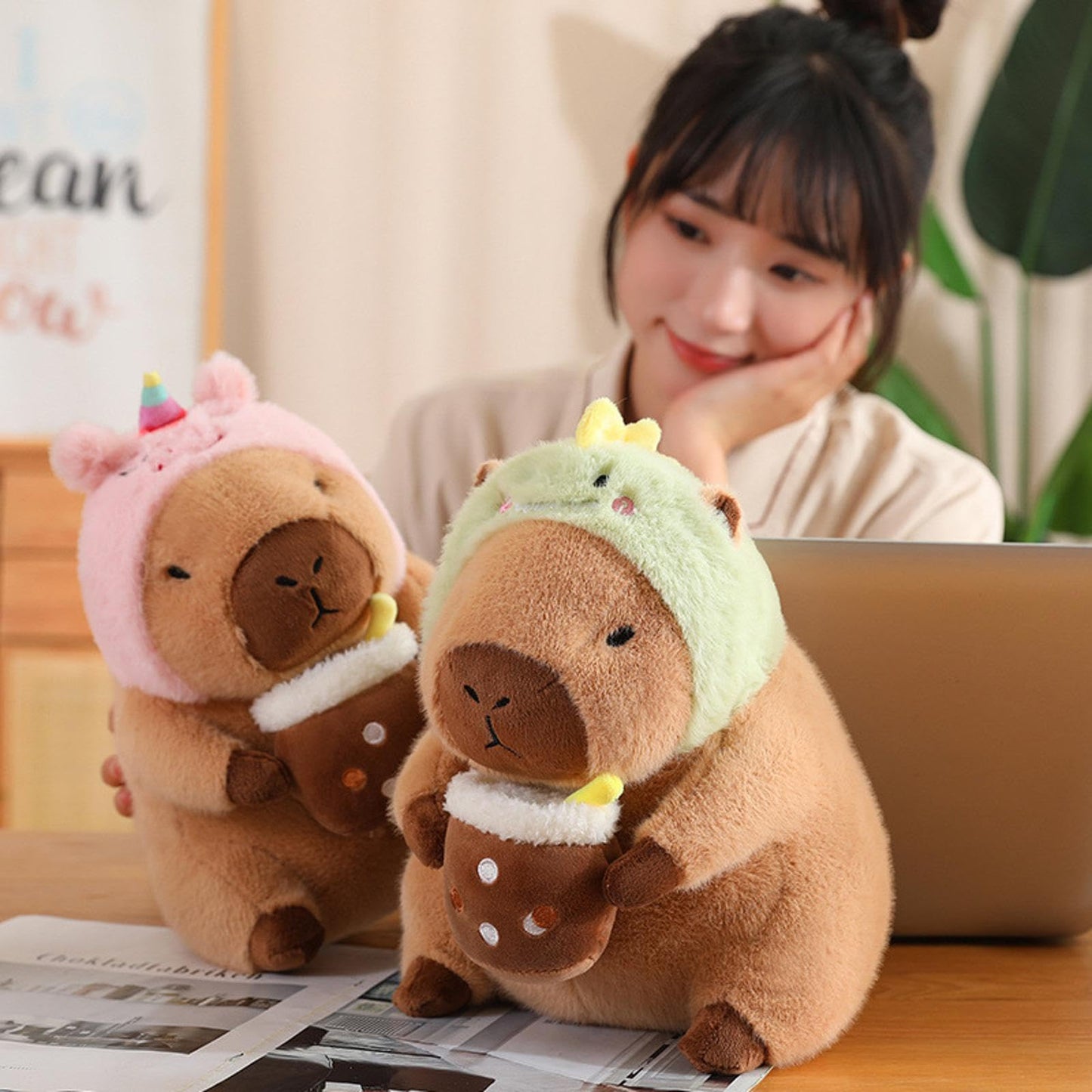 Karoeiwa Dinosaur Capybara Plush Drinking Milk Tea 11 inch Cute Dino Capibara Stuffed Animal Ultra Soft Plushies Toys Kawaii Gifts for Kids Brown