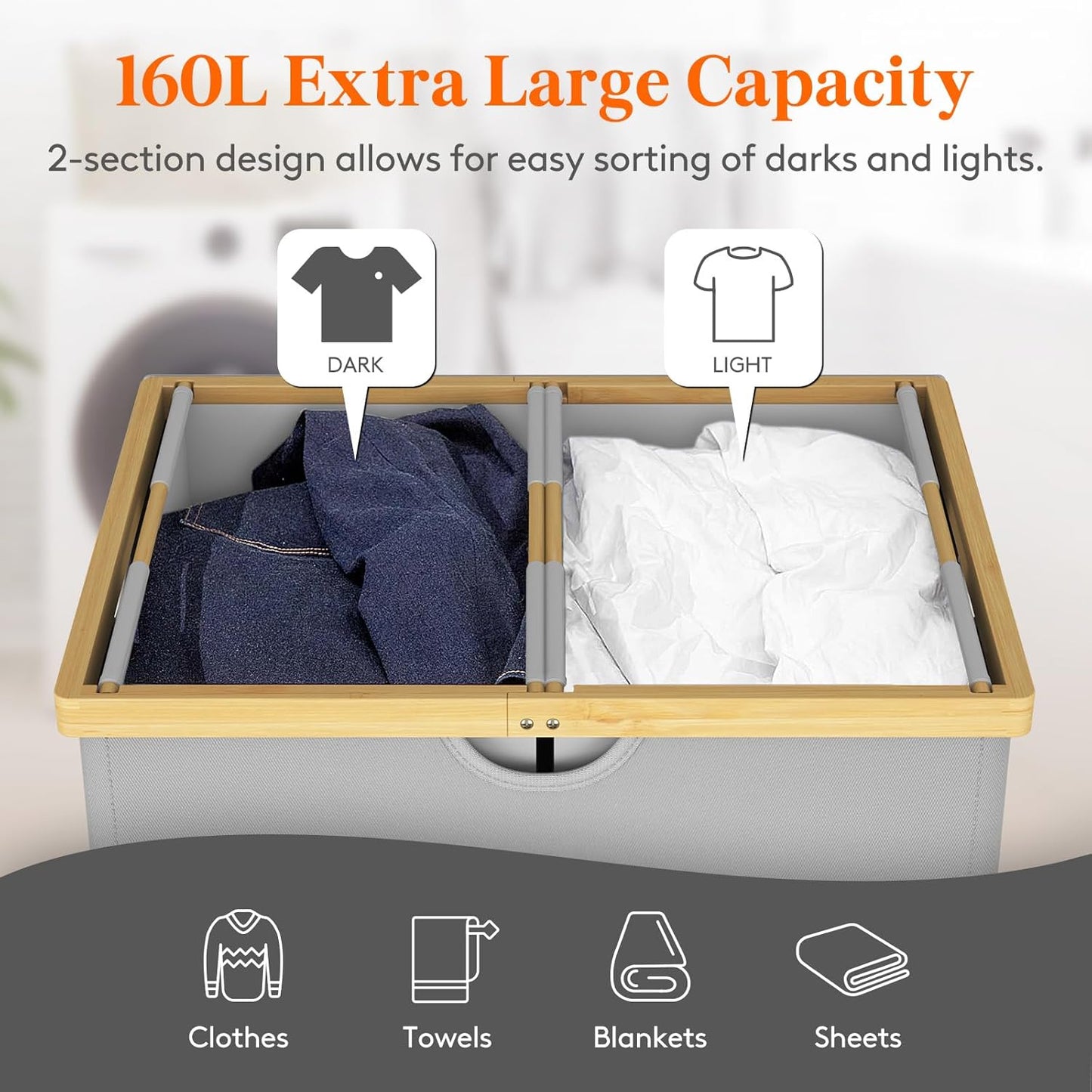 Lifewit 160L Double Laundry Hamper with Lid, Extra Large Bamboo Laundry Basket Dirty Clothes Hamper, 2 Section Laundry Bin Organizer for Laundry Room Bedroom with 2 Removable Liners & Bags,Silver Grey
