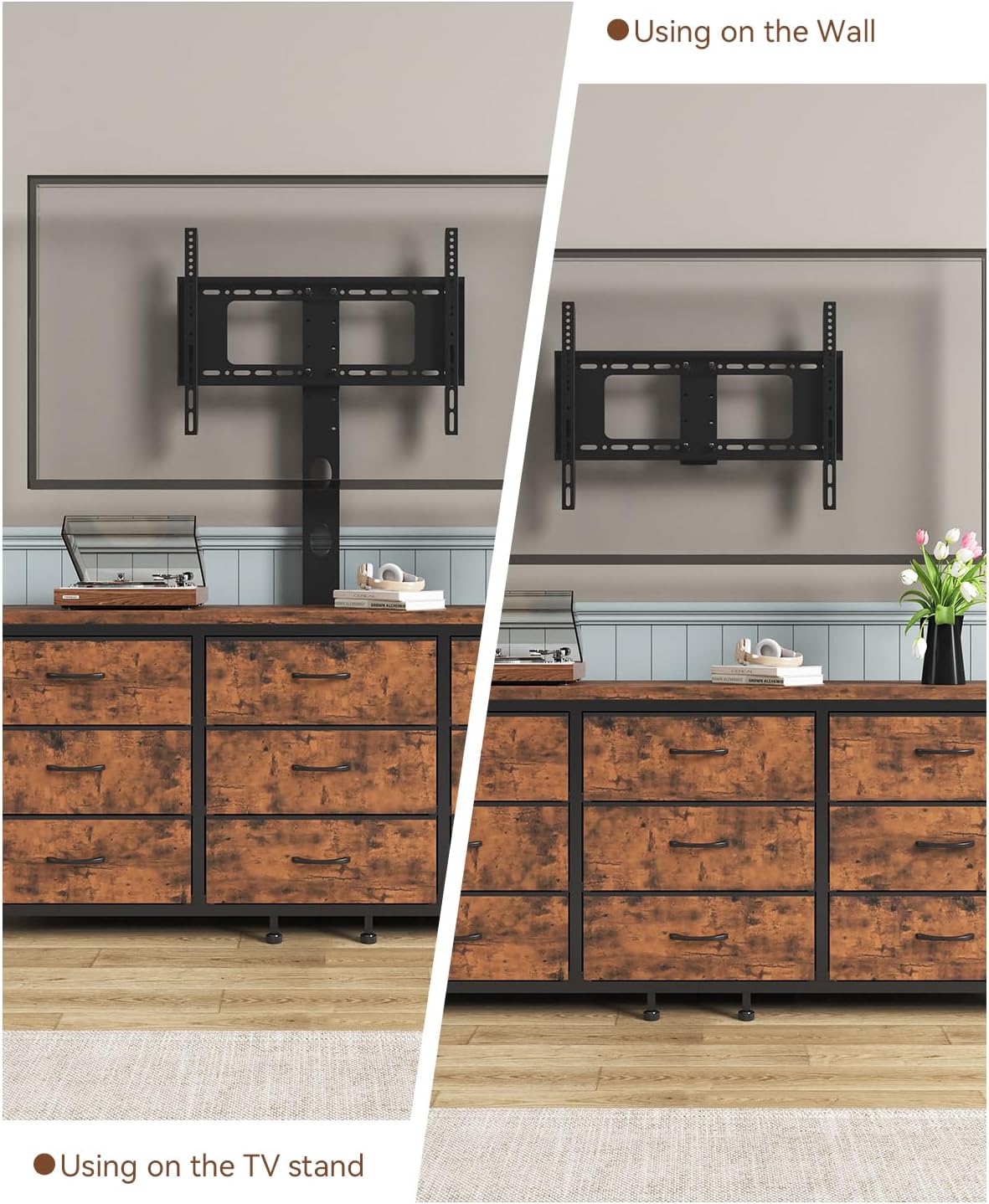 TV Stand with Mount for 32/55/65/75/85 inch TVs, Entertainment Center with 9 Fabric Drawers Dresser Storage, Height Adjustable Media Console