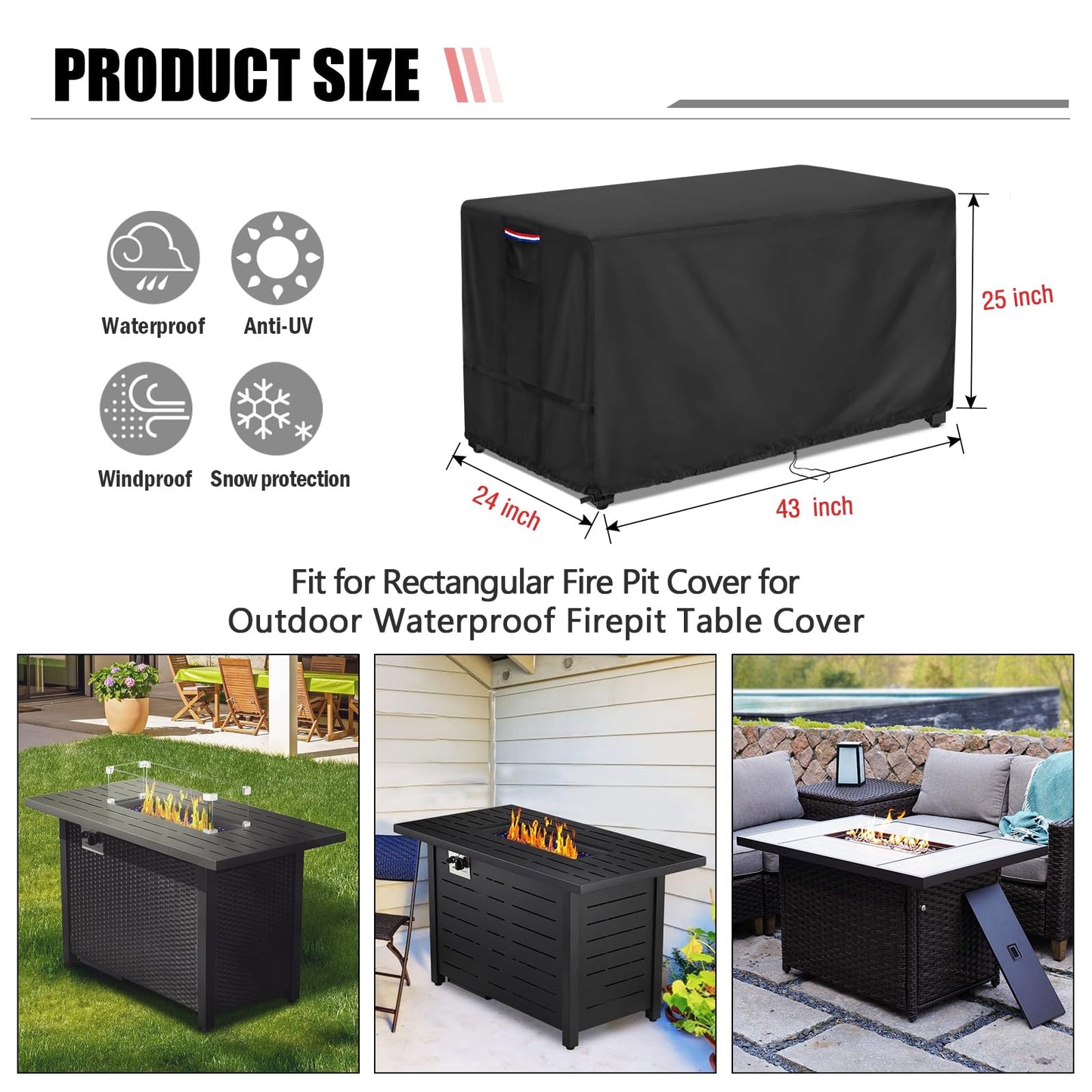 Youlvy Fire Pit Cover Rectangular 43 Inch - Waterproof Outdoor Fire Table Cover Rectangle Heavy Duty, 600D Patio Propane Gas Firepit Cover Rectangular Tear Weather Resistant - 43 x 24 x 25 Inch