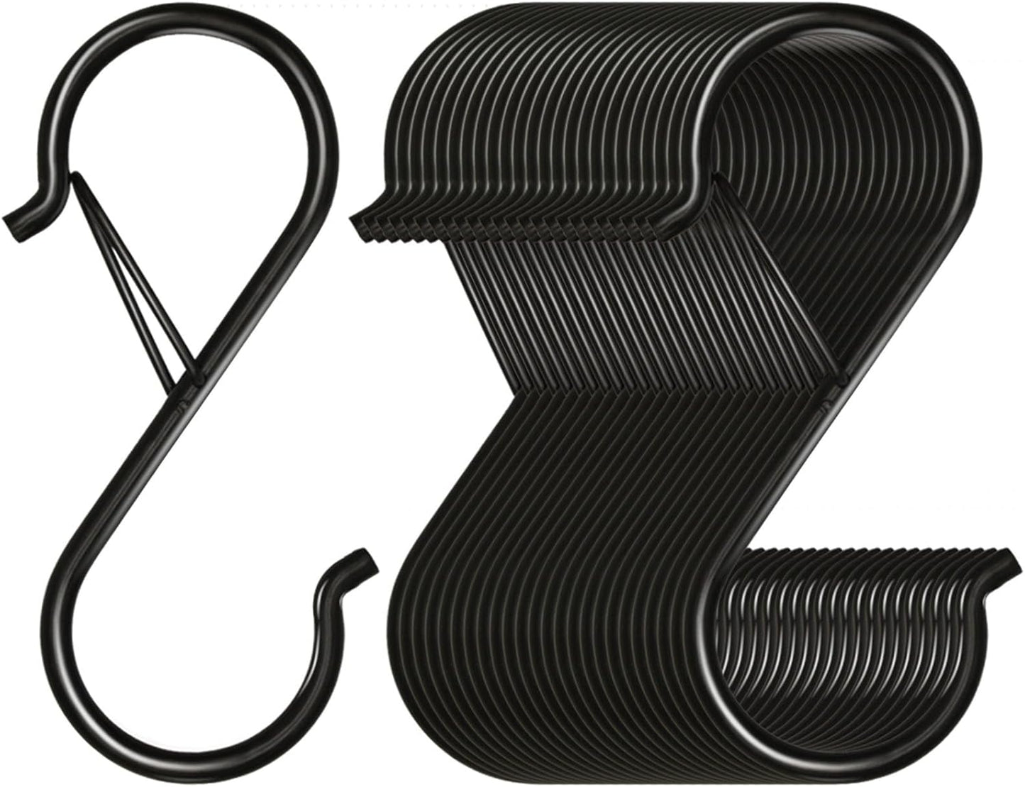 32 Pack S Hooks for Hanging, 3.5 inch Heavy Duty Metal S Hooks with Safety Buckle S Shaped Hooks Pot Rack Closet Hooks for Hanging Plants, Clothes, Kitchen Utensil, Pots, Pans, Bags (Black)