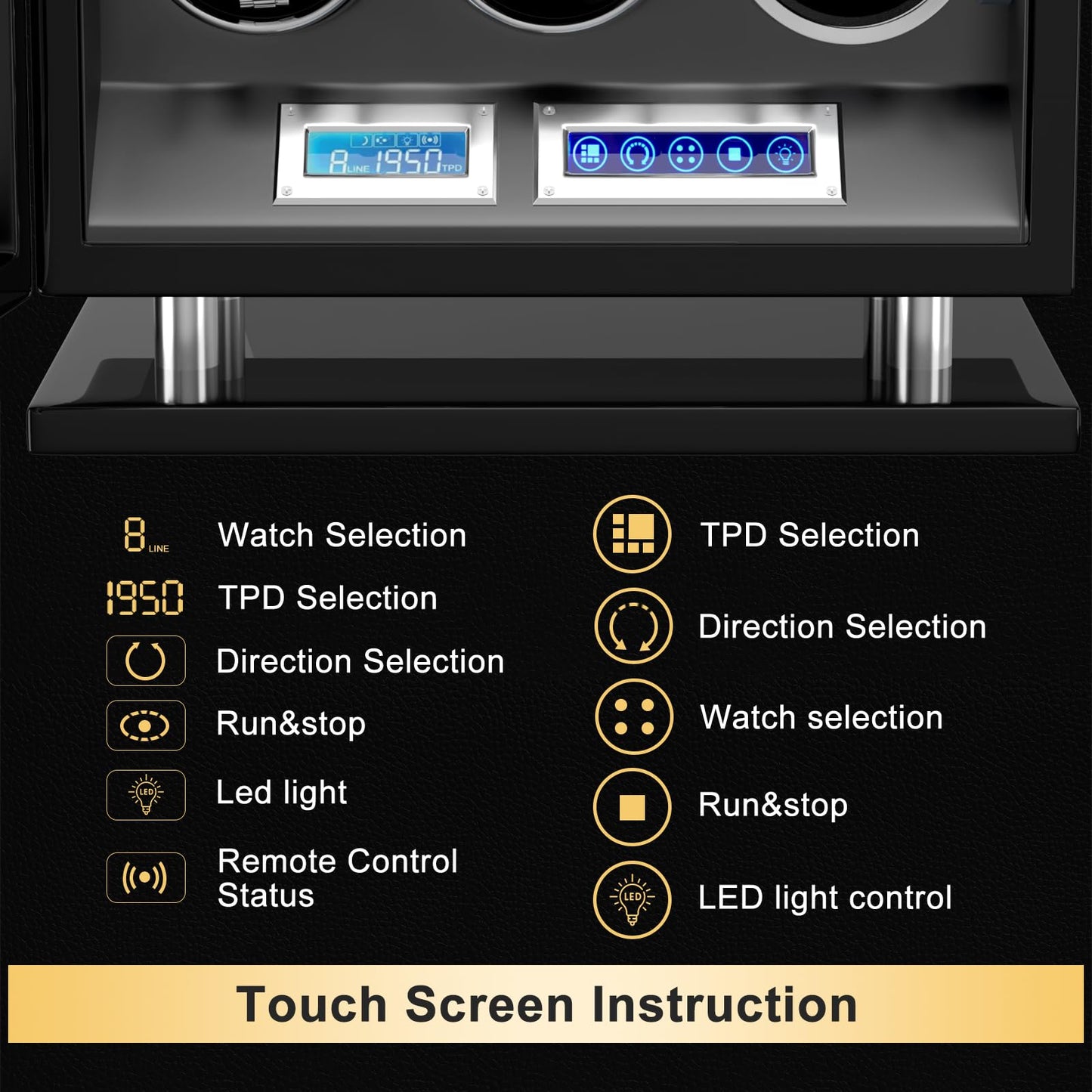 DUKWIN Watch Winder for 3 Automatic Watches,Fingerprint Lock Watch Winders with LCD Touchscreen, Blue LED Light, Remote Control,Adjustable Pillow and Quiet Motor for Universal Watches, 5TPD