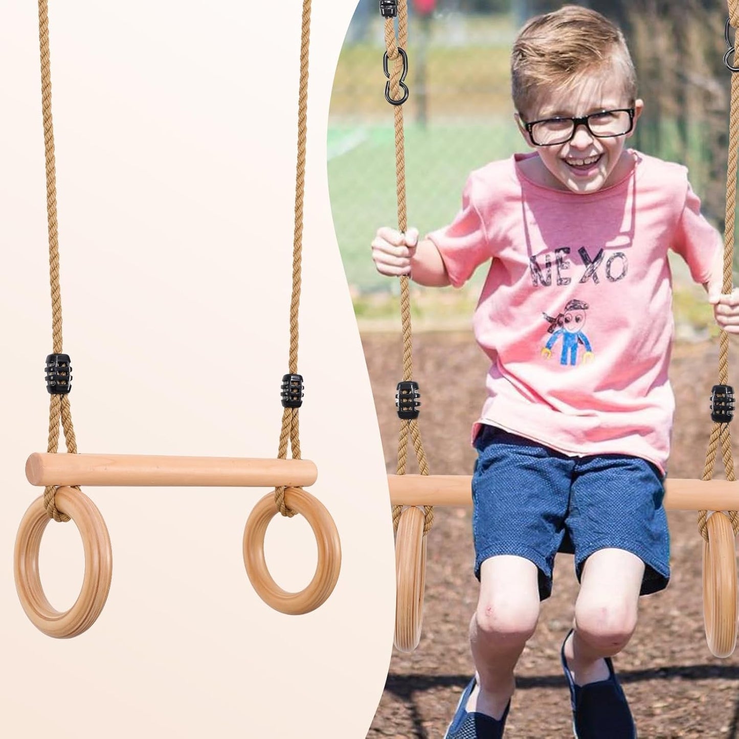 YAERSI Children's Trapeze Swing Bar with Wooden Gym Rings,Trapeze Bar for Swing Set