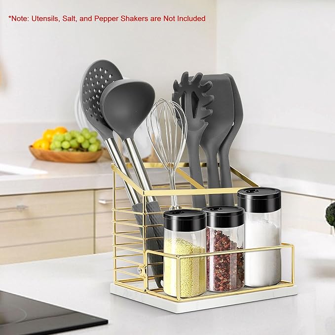 Utensil Holder for Kitchen Counter, Metal Utensil Holder Rack for Salt and Pepper Shakers for Kitchen Countertop, Cooking Tools Storage for Spatula, Large Utensil Organizer with Marble Base
