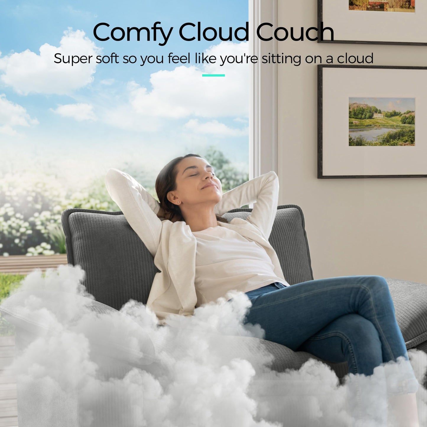 LINSY HOME 123'' Modular Sectional Sofa Grey Couch Corduroy Cloud Couches for Living Room, L Shaped Couch with Movable Ottoman, Modern Cloud Sectional Sofas for Bedroom and Apartment, Grey