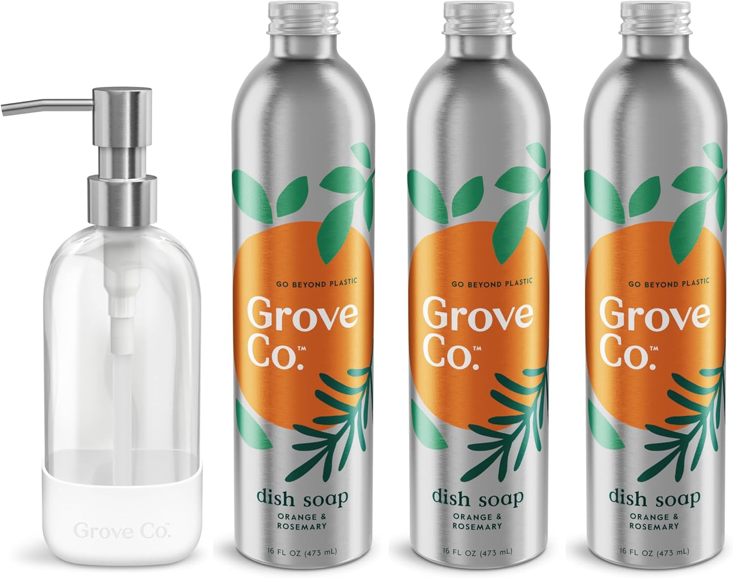 Grove Co. Ultimate Dish Soap Refills (3 x 16 Fl Oz) + Refillable Glass Dish Soap Dispenser for Kitchen Sink with Non-Slip Silicone Sleeve, Plastic Free Cleaning Products, Orange & Rosemary