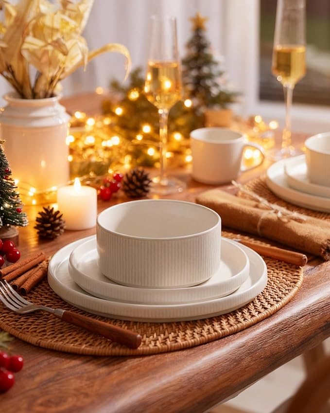 famiware Star Plates and Bowls Sets, Modern Stoneware Dinnerware Sets for 8, 24-Piece Kitchen Dish Set - Microwave and Dishwasher Safe, Chip and Scratch Resistant, Matte White