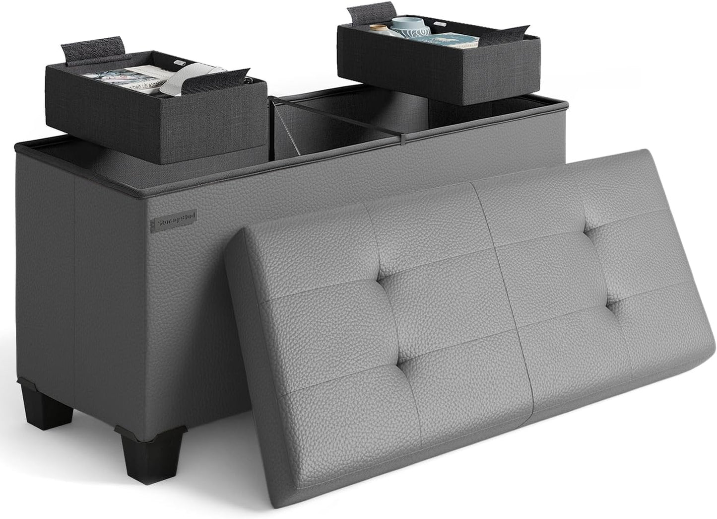 STORAGEBUD Storage Ottoman Bench with Bins, 30-in Storage Bench for Bedroom End of Bed, Folding Foot Rest Ottoman for Living Room Max 660lbs, Faux Leather Ottomans, Grey