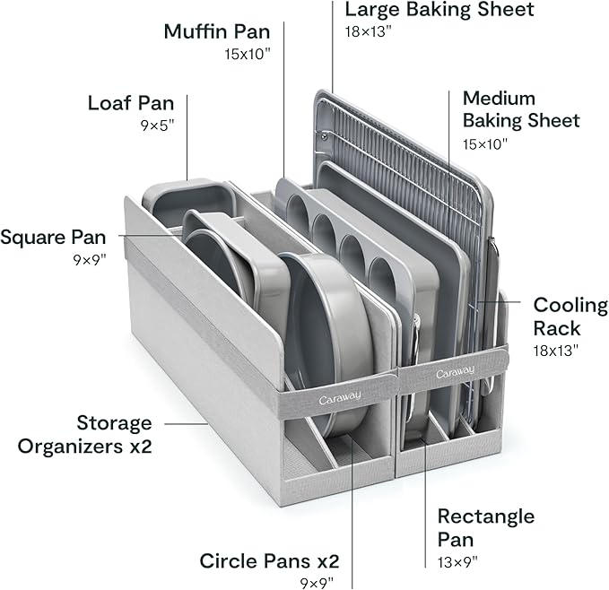 Caraway 23-Piece Nonstick Ceramic Cookware & Bakeware Set – Pots, Frying Pans, Lids, Baking Sheets, Pans, Cooling Rack & Storage – Oven Safe, Non-Toxic – Compatible with All Stovetops - Gray
