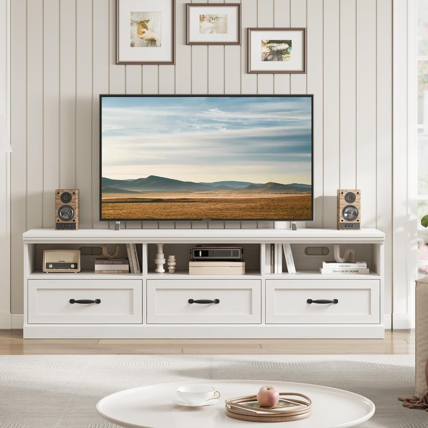 GarveeHome TV Stand for 65/70/75 Inch TV, Entertainment Center with Storage Drawer, Mid-Century Modern TV Console with Open Shelves, 70in Media TV Cabinet for Living Room, Bedroom, Antique White