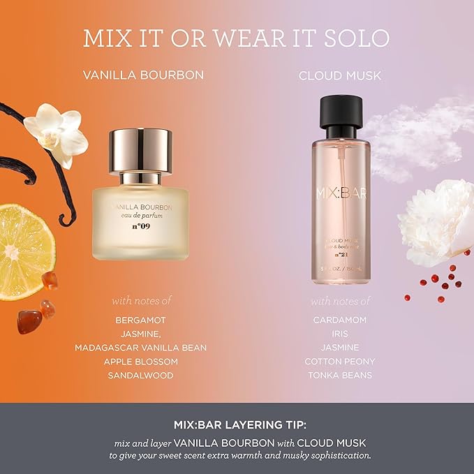 MIX:BAR Cloud Musk Hair + Body Mist, Bedroom Linen Spray - Notes of Cardamom, Iris, Jasmine, Cotton Peony, Tonka Beans, 5oz