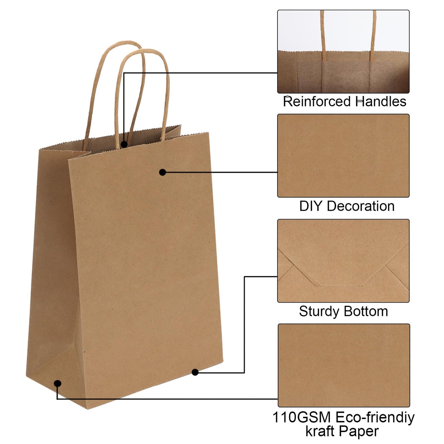 Joybe 300 Pack 5.95x3.25x8 Inch Small Brown Paper Bags with Handles Bulk, Kraft Paper Gift Bags for Birthday Party Favors Grocery Retail Shopping Business Goody Craft Sacks (Plain Natural, 300pcs)