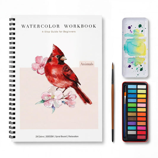 Rurolo Watercolor Workbook for Adults & Beginners - Spiral Bound Kit with 24 Paint Colors, Brushes & 300GSM Paper - Step-by-Step Animal Painting Guide for Stress Relief & Relaxation (6.5x9)