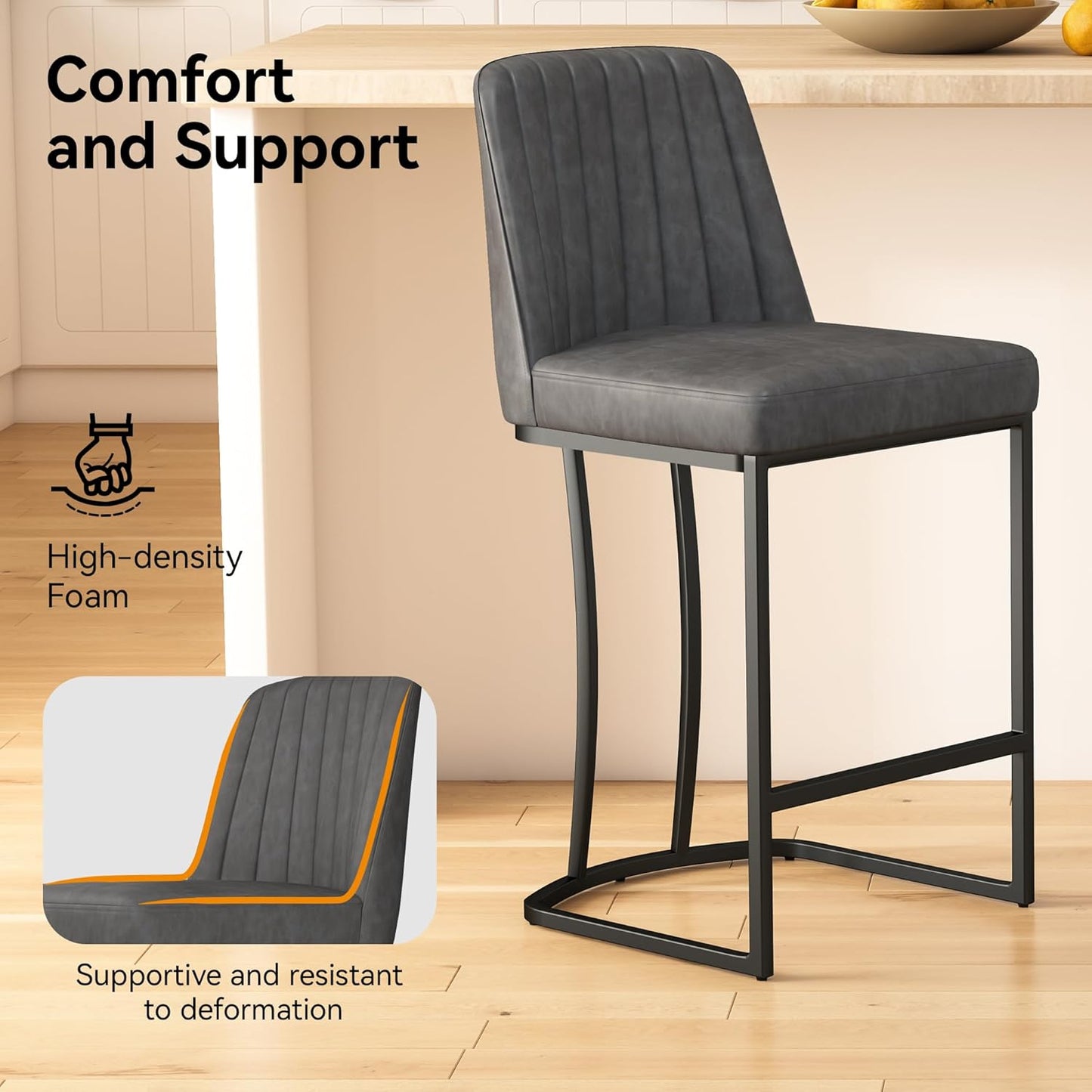 Bar Stools Set of 6, Faux Leather Counter Height Barstools, Upholstered Kitchen Counter Stools with Back and Stitching, 25.6" H Kitchen Island Stools Bar Chair, Metal Framed, Black Grey