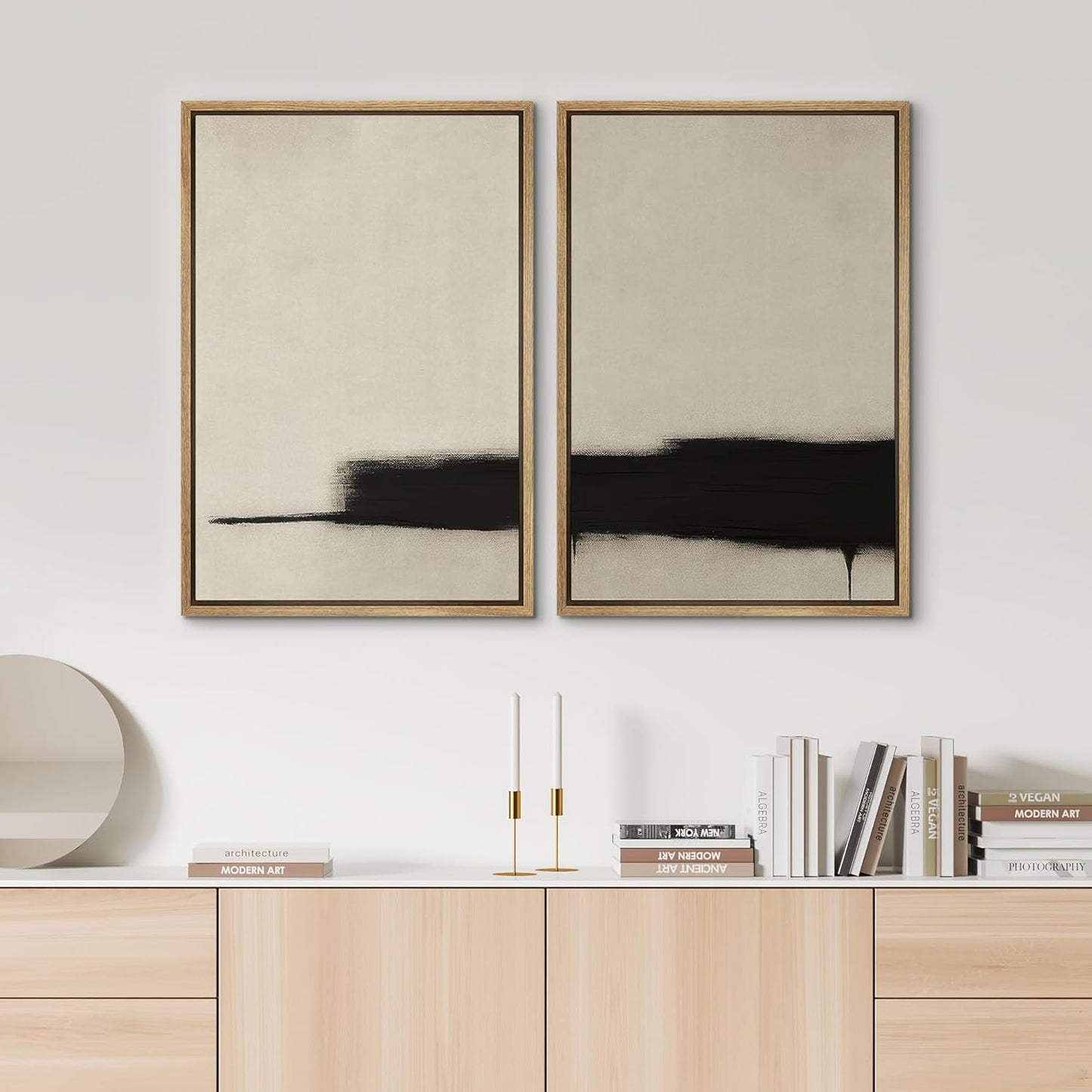 SIGNWIN Framed Wall Art Print Set Minimalist Black Brushstroke Abstract Neutral Beige and Black Illustrations Modern Art Rustic Relax/Calm for Living Room, Bedroom, Office - 24"x36"x2 NATURAL