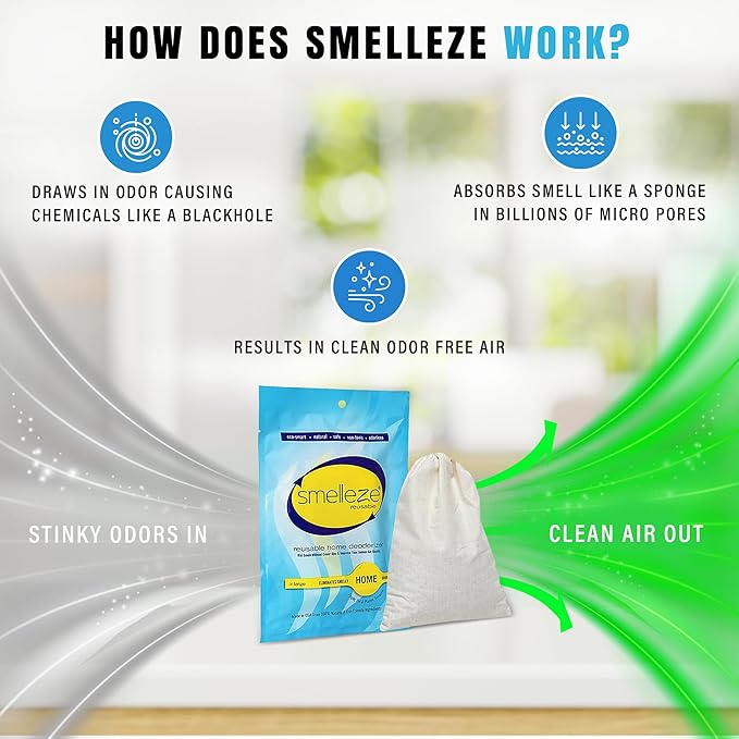 SMELLEZE Reusable Home Smell Removal Deodorizer Pouch - Natural Odor Eliminator for Home, Rids Stinky Odor Without Harmful Fragrances in 150 Sq. Ft.