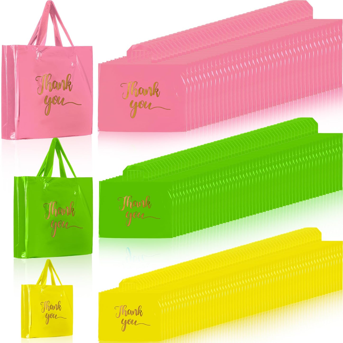Teling 200 Pcs Thanks Bags with Handle Bulk Thank You Merchandise Bags 3 Size Plastic Packet Retail Shopping Package for Boutique 9 x 12'', 12 x 15'', 15 x 18'' (Pink, Green, Yellow)