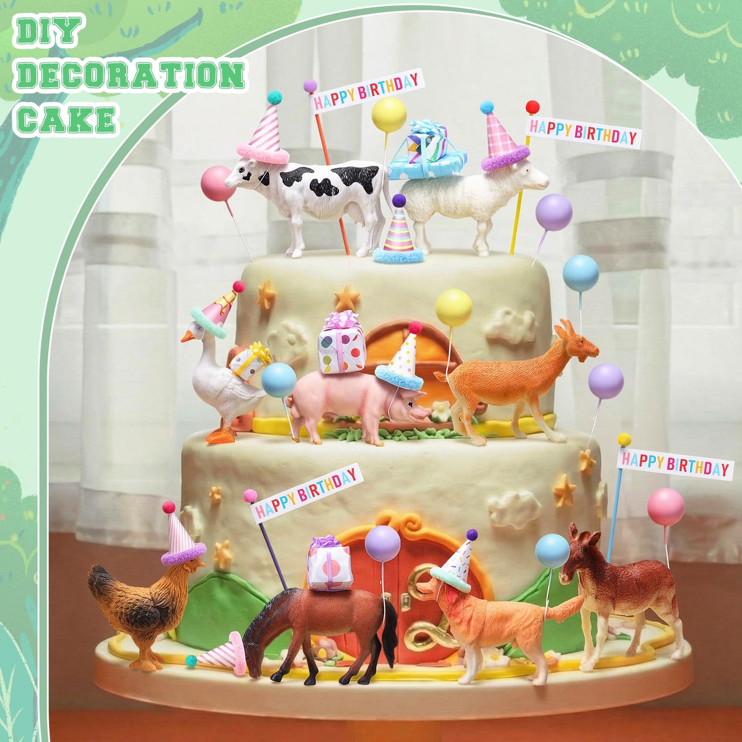 Weysat 37 Pcs Farm Animal Birthday Party Decorations, Farm Cake cupcake Toppers with Mini Hats Miniature Flags Gift Boxes Balls Bows Figure Models for Farmhouse Birthday Party Decor Supplies Adults