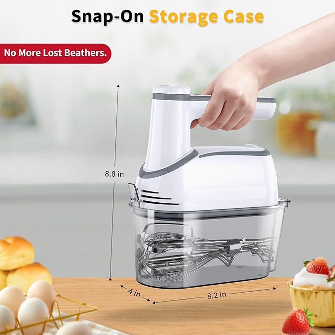 Cordless Hand Mixer, 12-Speed Rechargeable Electric Handheld Mixer with 6 x 304 Stainless Steel Attachments (2 Whisks, 2 Beaters, 2 Dough Hooks) & Storage Case, for Baking, Eggs, Cakes (White)